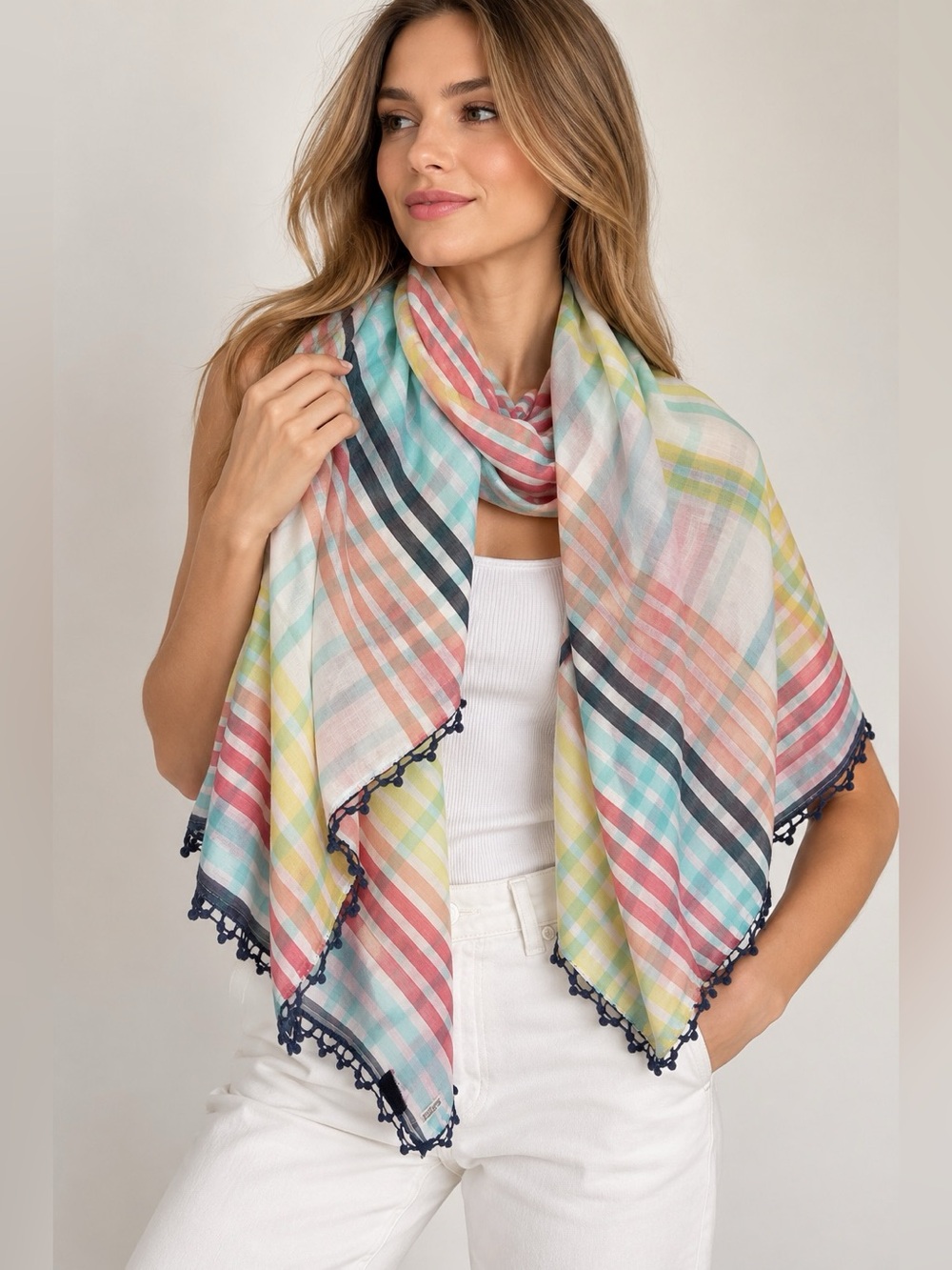 Tommy Hilfiger Denim Multicolor Striped Lightweight Scarf Shawl Crochet Trim